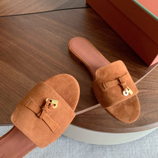 LP 26S SUMMER CHARMS SLIDES IN CARAMEL BROWN SUEDE GOLD HARDWARE
