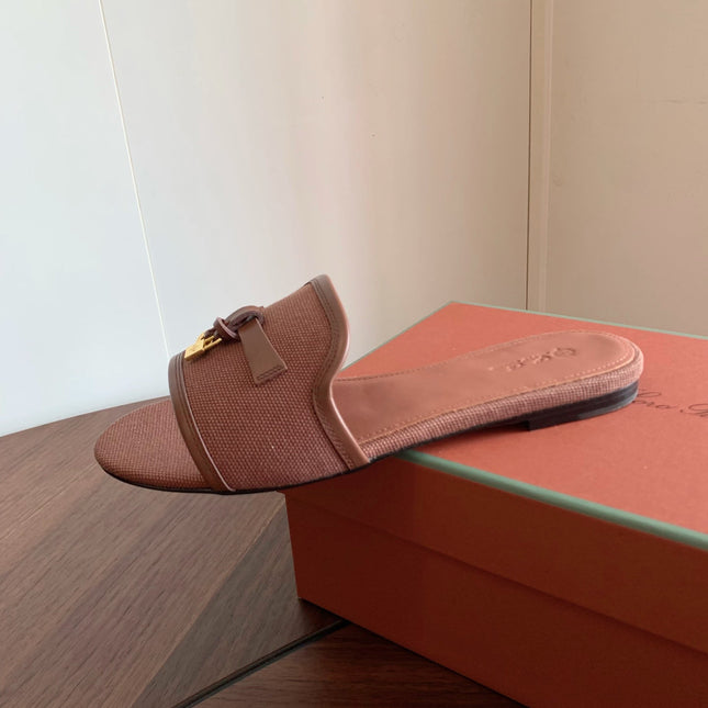 LP 26S SUMMER CHARMS SLIDES IN DUSTY ROSE BROWN CANVAS AND CALFSKIN GOLD HARDWARE