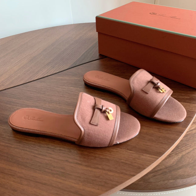 LP 26S SUMMER CHARMS SLIDES IN DUSTY ROSE BROWN CANVAS AND CALFSKIN GOLD HARDWARE