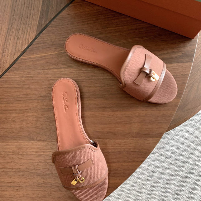 LP 26S SUMMER CHARMS SLIDES IN DUSTY ROSE BROWN CANVAS AND CALFSKIN GOLD HARDWARE