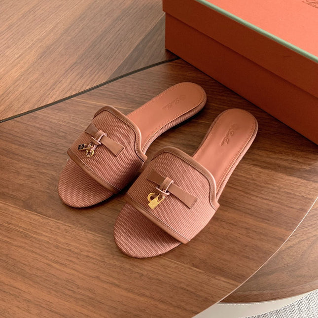 LP 26S SUMMER CHARMS SLIDES IN DUSTY ROSE BROWN CANVAS AND CALFSKIN GOLD HARDWARE