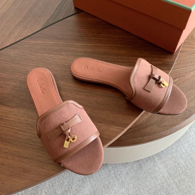 LP 26S SUMMER CHARMS SLIDES IN DUSTY ROSE BROWN CANVAS AND CALFSKIN GOLD HARDWARE