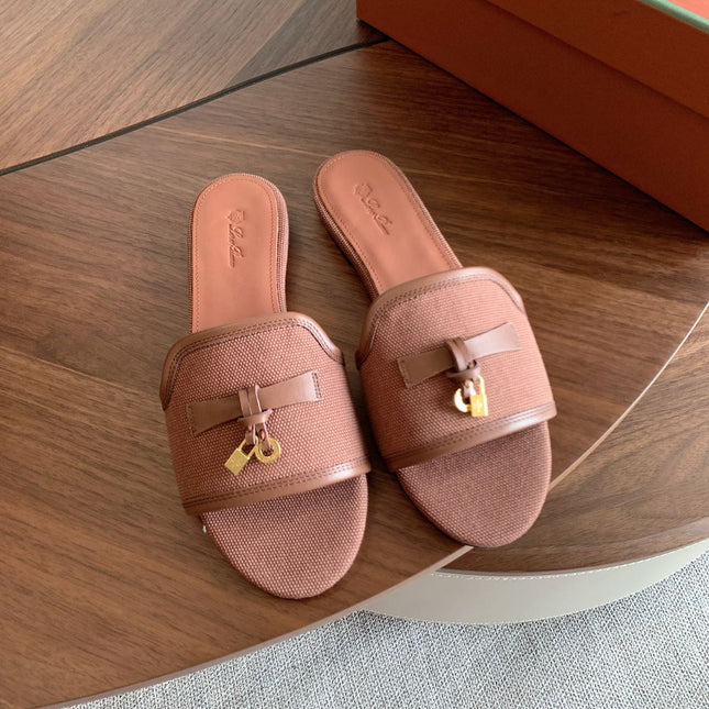 LP 26S SUMMER CHARMS SLIDES IN DUSTY ROSE BROWN CANVAS AND CALFSKIN GOLD HARDWARE