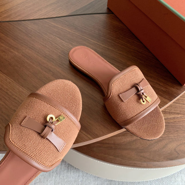 LP 26S SUMMER CHARMS SLIDES IN CARAMEL BROWN CANVAS AND CALFSKIN GOLD HARDWARE