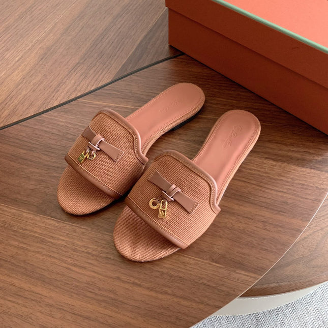 LP 26S SUMMER CHARMS SLIDES IN CARAMEL BROWN CANVAS AND CALFSKIN GOLD HARDWARE