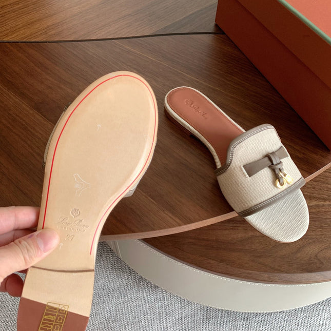 LP 26S SUMMER CHARMS SLIDES IN BEIGE CANVAS AND TAUPE BROWN CALFSKIN GOLD HARDWARE