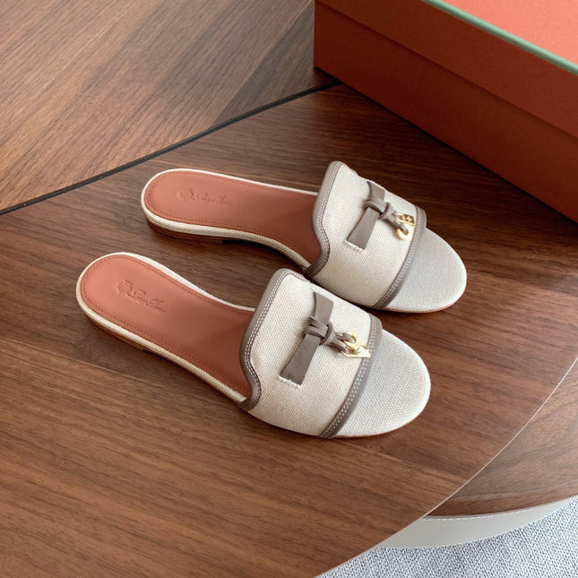 LP 26S SUMMER CHARMS SLIDES IN BEIGE CANVAS AND TAUPE BROWN CALFSKIN GOLD HARDWARE