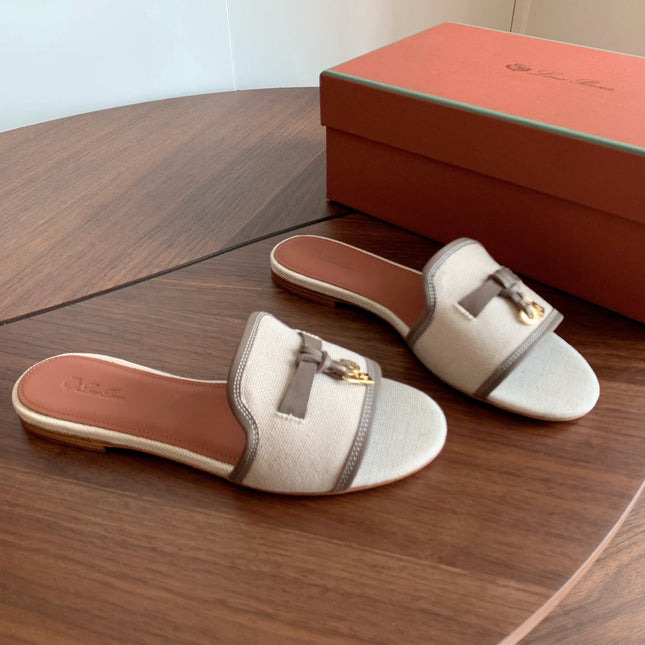 LP 26S SUMMER CHARMS SLIDES IN BEIGE CANVAS AND TAUPE BROWN CALFSKIN GOLD HARDWARE