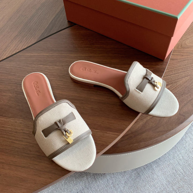 LP 26S SUMMER CHARMS SLIDES IN BEIGE CANVAS AND TAUPE BROWN CALFSKIN GOLD HARDWARE