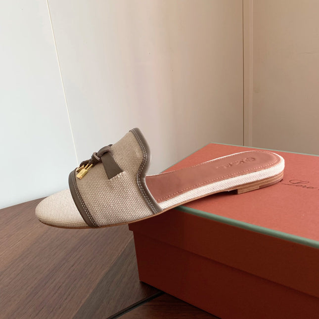 LP 26S SUMMER CHARMS SLIDES IN BEIGE CANVAS AND TAUPE BROWN CALFSKIN GOLD HARDWARE