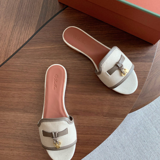 LP 26S SUMMER CHARMS SLIDES IN BEIGE CANVAS AND TAUPE BROWN CALFSKIN GOLD HARDWARE