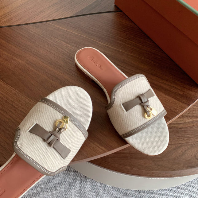 LP 26S SUMMER CHARMS SLIDES IN BEIGE CANVAS AND TAUPE BROWN CALFSKIN GOLD HARDWARE