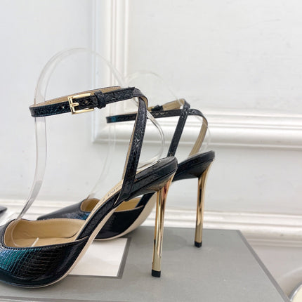HIGH SLINGBACKS 10 CM IN BLACK SNAKE-PATTERN CALFSKIN