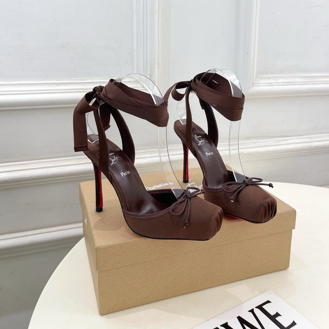 CASSIA LACE UP 100MM IN CHOCOLATE BROWN SATIN