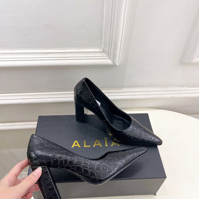 ALAIA 26S HIGH HEELS 95 MM IN BLACK CROCODILE-EMBOSSED CALFSKIN