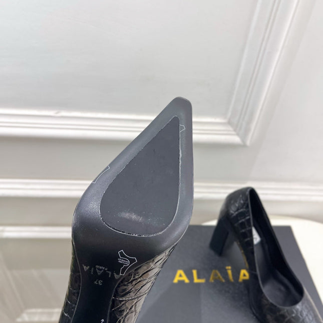 ALAIA 26S HIGH HEELS 95 MM IN BLACK CROCODILE-EMBOSSED CALFSKIN