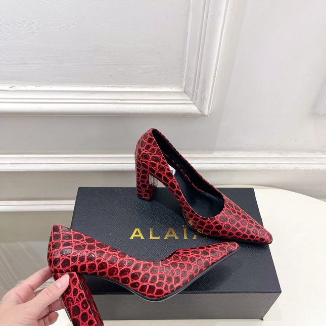 ALAIA 26S HIGH HEELS 95 MM IN DARK RED CROCODILE-EMBOSSED CALFSKIN