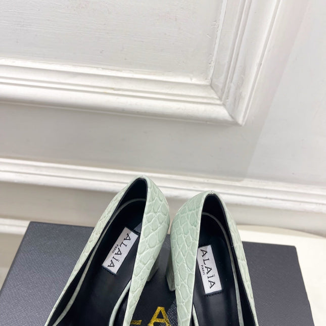 ALAIA 26S HIGH HEELS 95 MM IN SAGE GREEN CROCODILE-EMBOSSED CALFSKIN