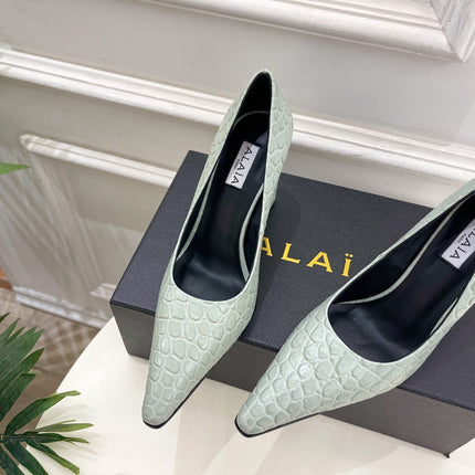 ALAIA 26S HIGH HEELS 95 MM IN SAGE GREEN CROCODILE-EMBOSSED CALFSKIN