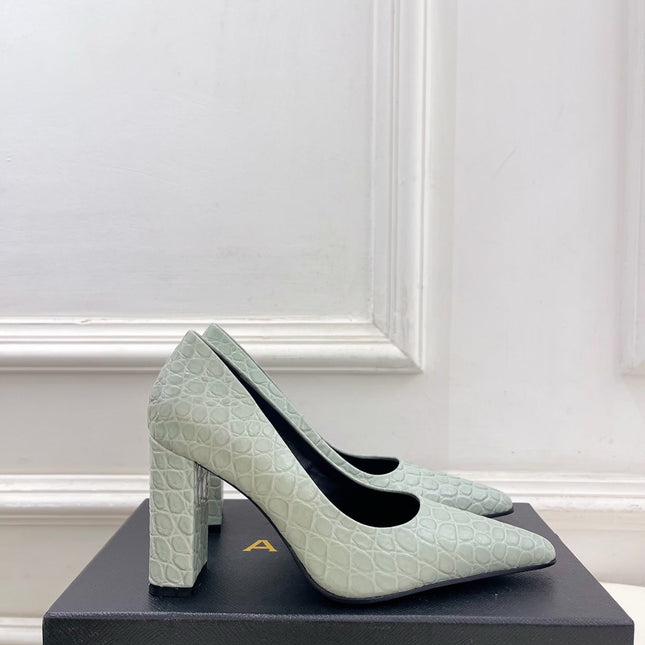 ALAIA 26S HIGH HEELS 95 MM IN SAGE GREEN CROCODILE-EMBOSSED CALFSKIN