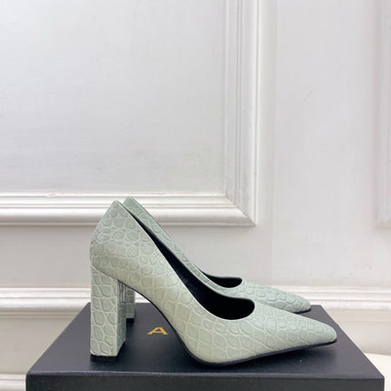 ALAIA 26S HIGH HEELS 95 MM IN SAGE GREEN CROCODILE-EMBOSSED CALFSKIN