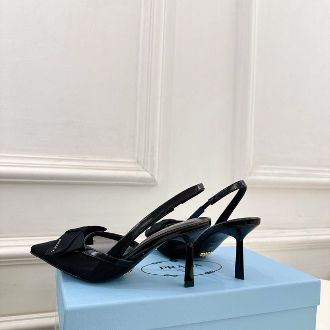 PRADA 26S POINTED-TOE SLINGBACK HEELS 75MM IN BLACK MESH WITH BLACK BOW