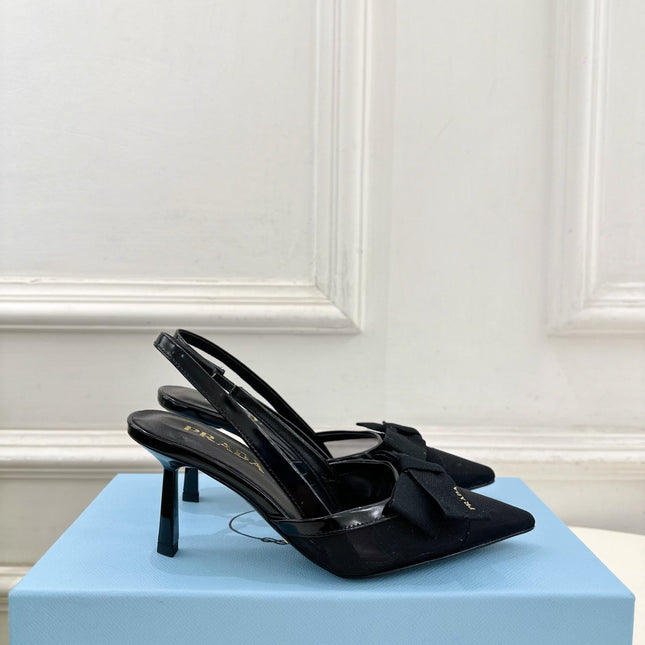 PRADA 26S POINTED-TOE SLINGBACK HEELS 75MM IN BLACK MESH WITH BLACK BOW