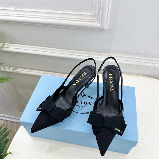 PRADA 26S POINTED-TOE SLINGBACK HEELS 75MM IN BLACK MESH WITH BLACK BOW