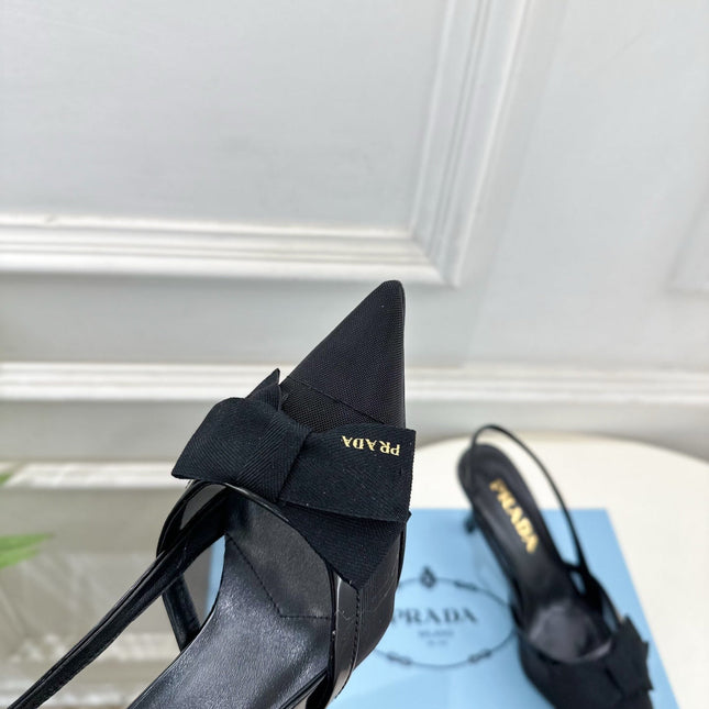 PRADA 26S POINTED-TOE SLINGBACK HEELS 75MM IN BLACK MESH WITH BLACK BOW