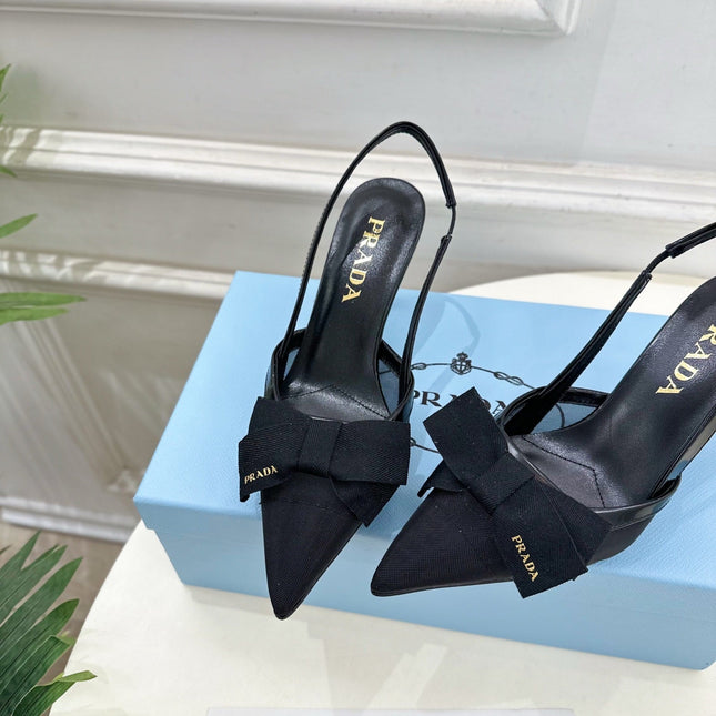 PRADA 26S POINTED-TOE SLINGBACK HEELS 75MM IN BLACK MESH WITH BLACK BOW