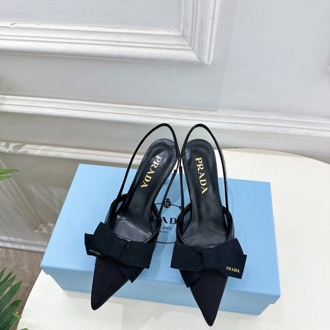PRADA 26S POINTED-TOE SLINGBACK HEELS 75MM IN BLACK MESH WITH BLACK BOW