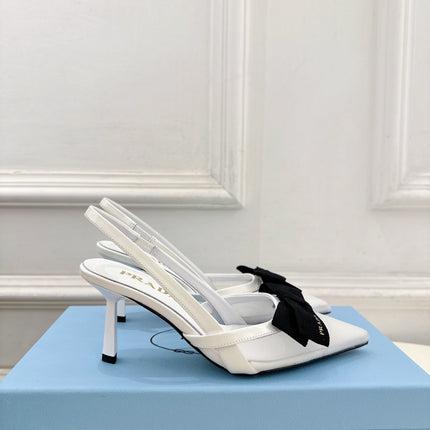 PRADA 26S POINTED-TOE SLINGBACK HEELS 75MM IN WHITE MESH WITH BLACK BOW