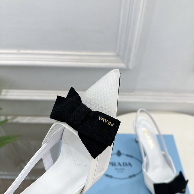 PRADA 26S POINTED-TOE SLINGBACK HEELS 75MM IN WHITE MESH WITH BLACK BOW