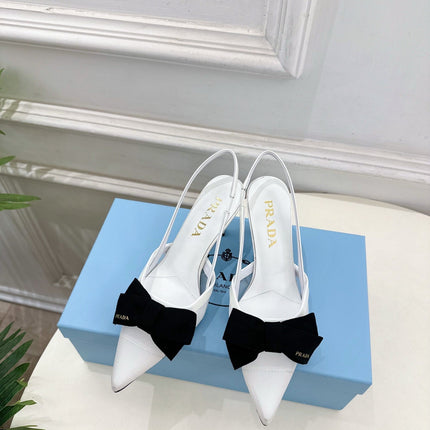 PRADA 26S POINTED-TOE SLINGBACK HEELS 75MM IN WHITE MESH WITH BLACK BOW