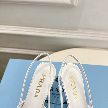 PRADA 26S POINTED-TOE SLINGBACK HEELS 75MM IN WHITE MESH WITH BLACK BOW