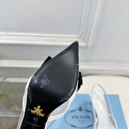 PRADA 26S POINTED-TOE SLINGBACK HEELS 75MM IN WHITE MESH WITH BLACK BOW