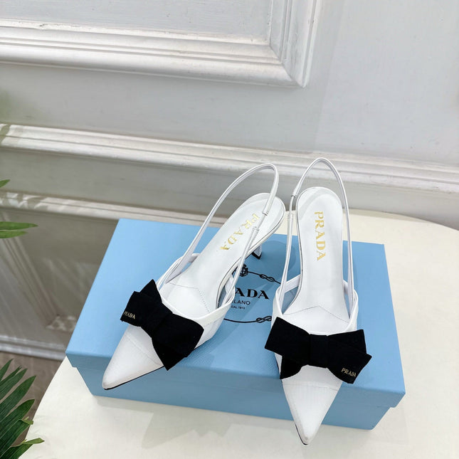 PRADA 26S POINTED-TOE SLINGBACK HEELS 75MM IN WHITE MESH WITH BLACK BOW