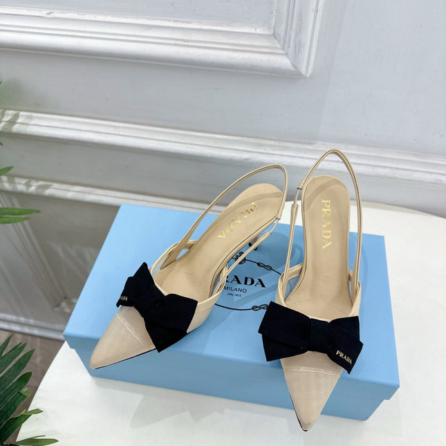PRADA 26S POINTED-TOE SLINGBACK HEELS 75MM IN BEIGE MESH WITH BLACK BOW