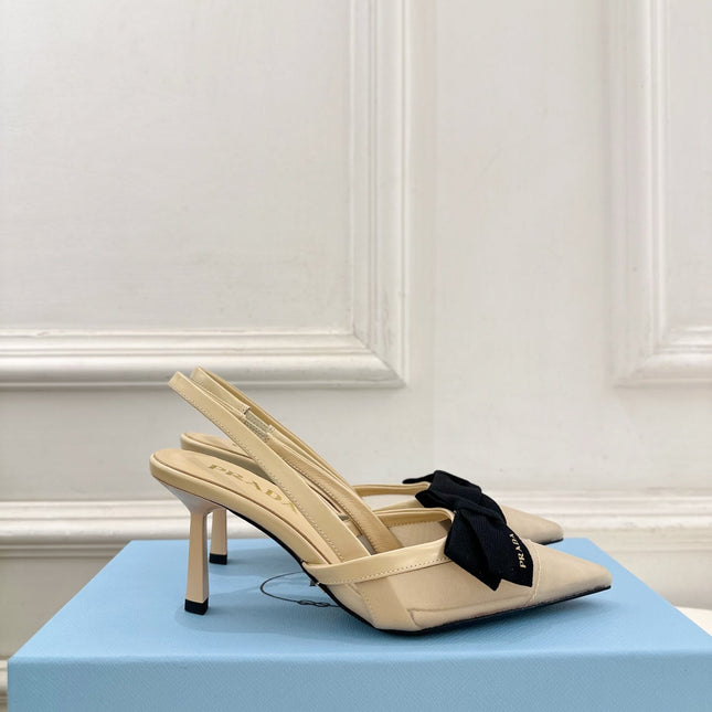 PRADA 26S POINTED-TOE SLINGBACK HEELS 75MM IN BEIGE MESH WITH BLACK BOW