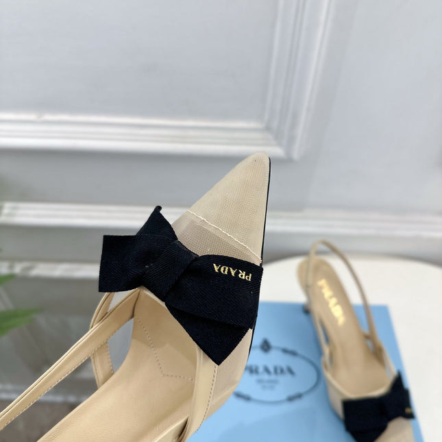 PRADA 26S POINTED-TOE SLINGBACK HEELS 75MM IN BEIGE MESH WITH BLACK BOW