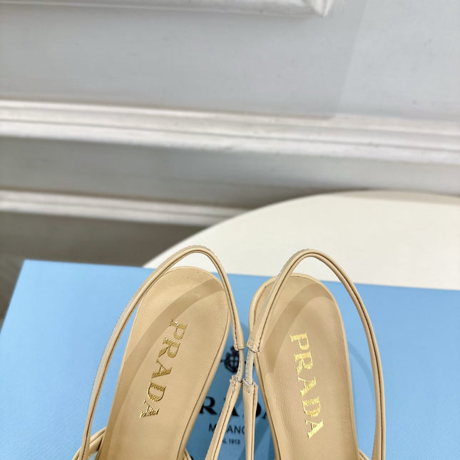 PRADA 26S POINTED-TOE SLINGBACK HEELS 75MM IN BEIGE MESH WITH BLACK BOW
