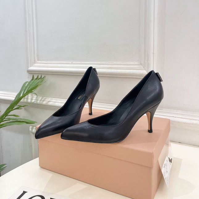 MIUMIU 26S POINTED TOE HIGH HEELS 85MM IN BLACK CALFSKIN