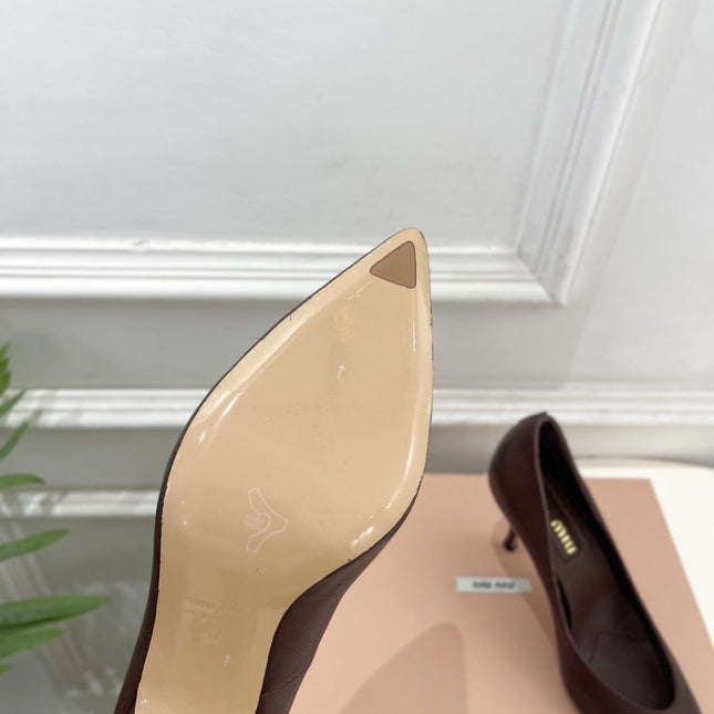 MIUMIU 26S POINTED TOE HIGH HEELS 85MM IN CHOCOLATE BROWN CALFSKIN