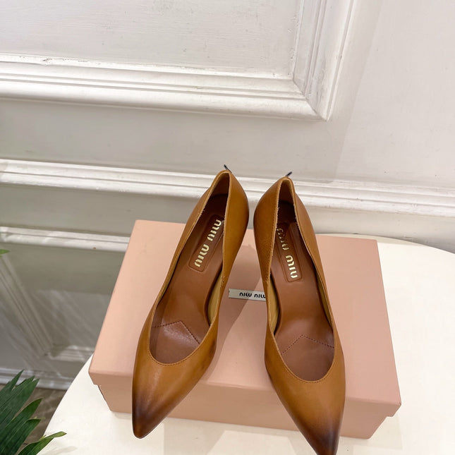 MIUMIU 26S POINTED TOE HIGH HEELS 85MM IN BROWN COGNAC CALFSKIN
