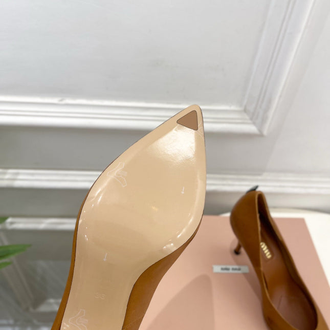 MIUMIU 26S POINTED TOE HIGH HEELS 85MM IN BROWN COGNAC CALFSKIN