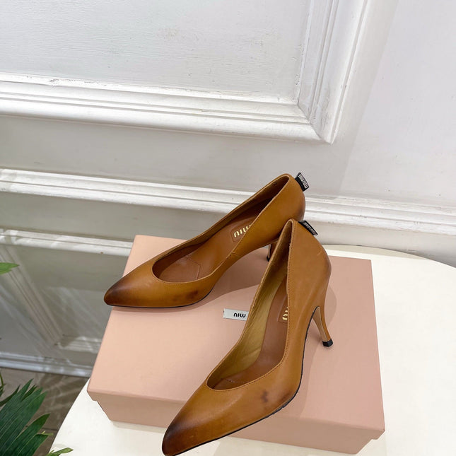 MIUMIU 26S POINTED TOE HIGH HEELS 85MM IN BROWN COGNAC CALFSKIN