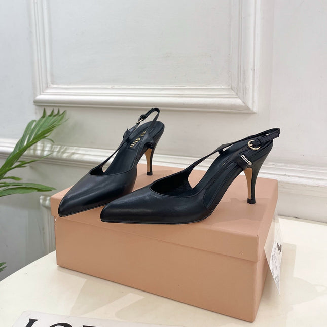 MIUMIU 26S SLINGBACK PUMPS 85MM IN BLACK CALFSKIN