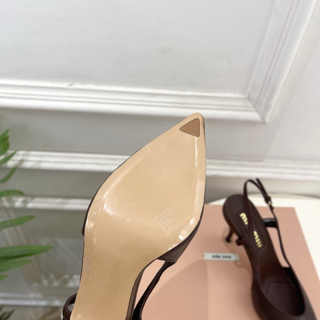 MIUMIU 26S SLINGBACK PUMPS 85MM IN CHOCOLATE BROWN CALFSKIN