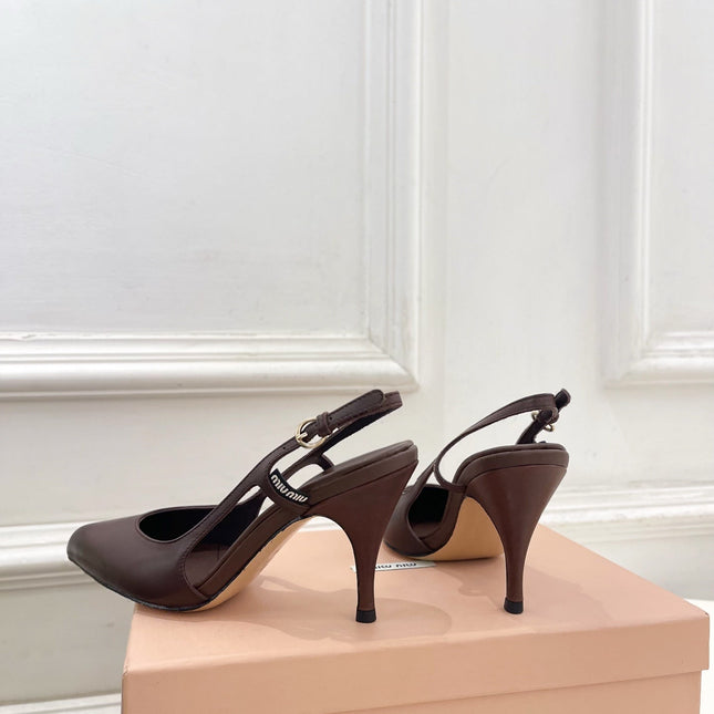 MIUMIU 26S SLINGBACK PUMPS 85MM IN CHOCOLATE BROWN CALFSKIN