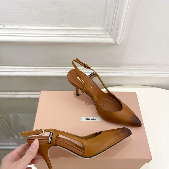 MIUMIU 26S SLINGBACK PUMPS 85MM IN BROWN COGNAC CALFSKIN